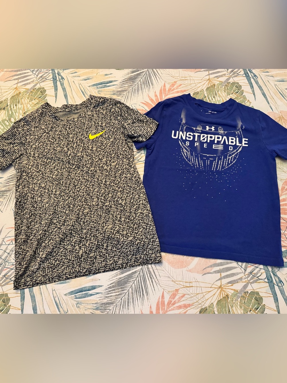 Nike Boys' Grey Patterned Tee with Neon Yellow Swoosh and under Armor shirt lot